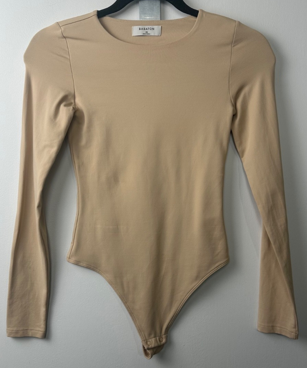Babaton Aritzia XS Contour Crew Neck Long Sleeve Bodysuit Tan Women Thong B7